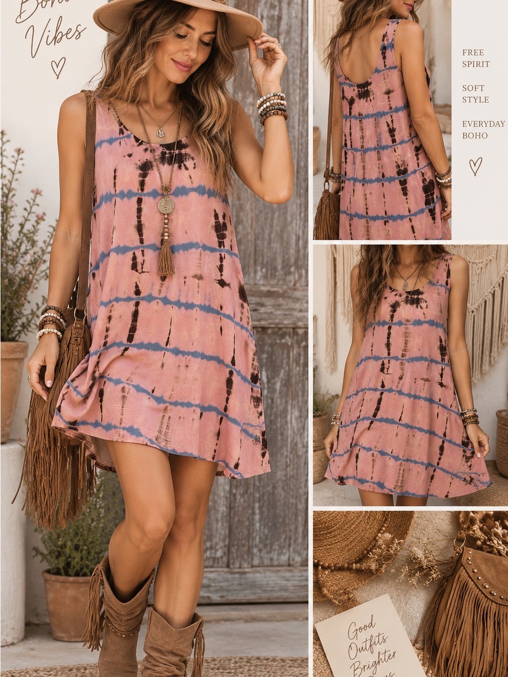 PPLA Women’s Small Sleeveless Tie-Dye Mini Dress Pink Blue Brown Boho